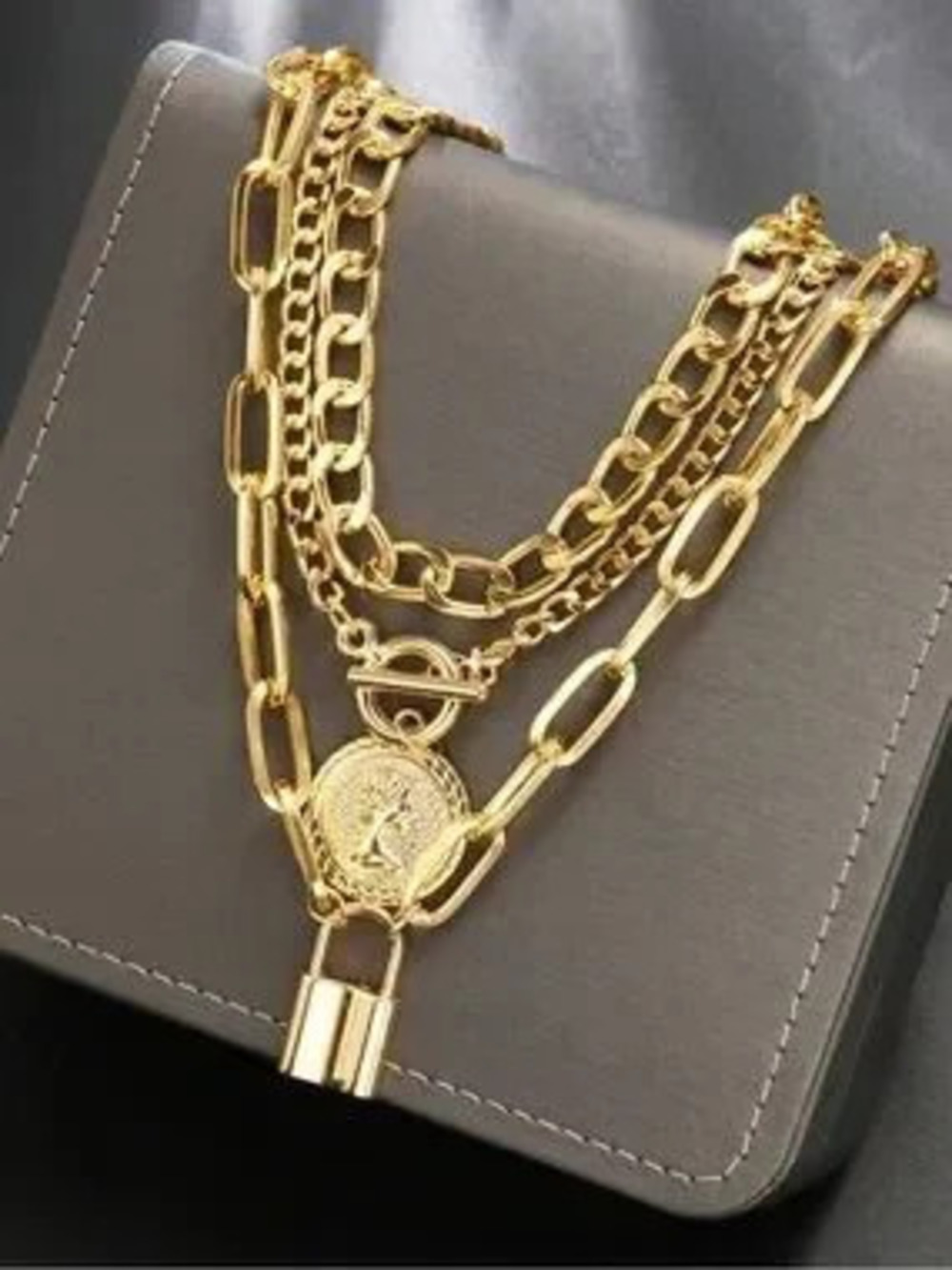 Golden Layered Coin & Padlock Necklace Set - Picture 3 of 5